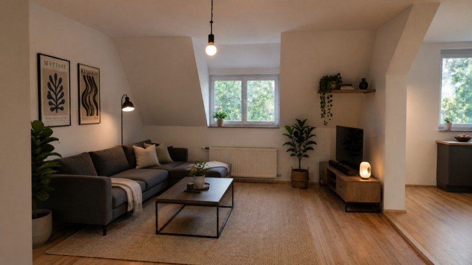 Wohnzimmer KI Einrichtung Etagenwohnung Stuttgart